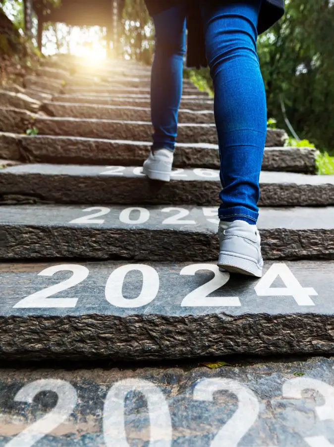 Une personne gravissant des marches marquées des années 2023 à 2025, symbolisant une progression vers les objectifs futurs.